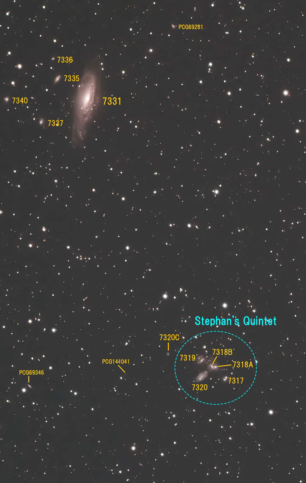 NGC7331とステファンの五つ子（銀河の番号入り）