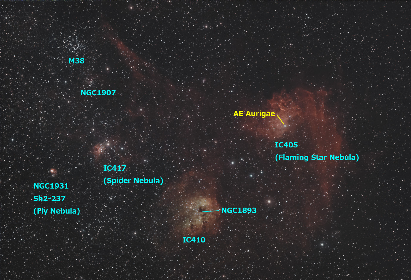 M38・勾玉星雲付近（ぎょしゃ座）／番号・名前入り
