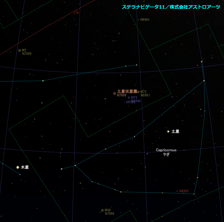 2021/8/5の星図：木星・土星・土星状星雲（NGC7009）