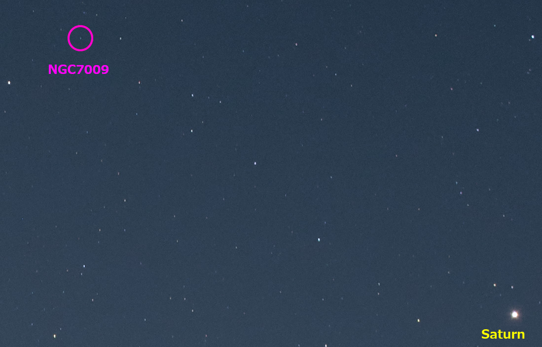 2021/8/5 土星と土星状星雲（NGC7009）／Pentax KP + 50mm + アストロトレーサー、ピクセル等倍切り出し。